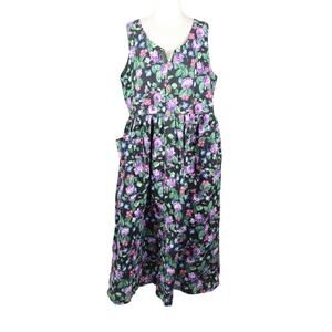Vintage 80s Black and Purple Floral Print Midi Dress L